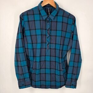 Kuhl Style 8341 Plaid Flannel Pullover Shirt Womens Size L Blue Navy Pockets